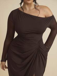 SHEIN BAE 大码女式褶饰网眼长袖半透明连衣裙 - 咖啡棕 - 查看 2