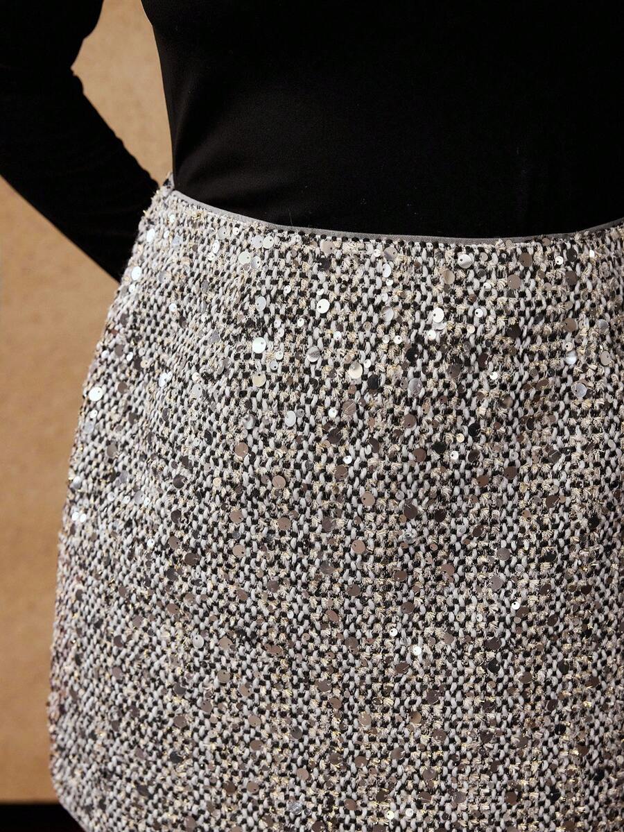 MOTF PREMIUM 秋冬款粗花呢亮片装饰迷你裙 - 銀色 - 查看 2