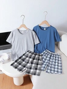 SHEIN 4pcs/Set Boys' Casual Solid Color Short Sleeve Top And Plaid Shorts Loungewear Set, Comfortable And Loose Fit - Grey - View 3