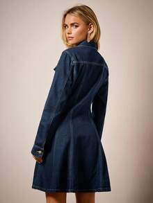 COSMINA Elastic Waist Long Sleeve Denim Dress, A-Line Midi Skirt, Casual Shirt Dress Style, Fall Dress For Women - Dark Wash - View 2