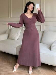 DAZY Damen Set aus einfarbigem, minimalistischem Langarm-Top und Rock, 2-teilig - Violett - Übersicht 4
