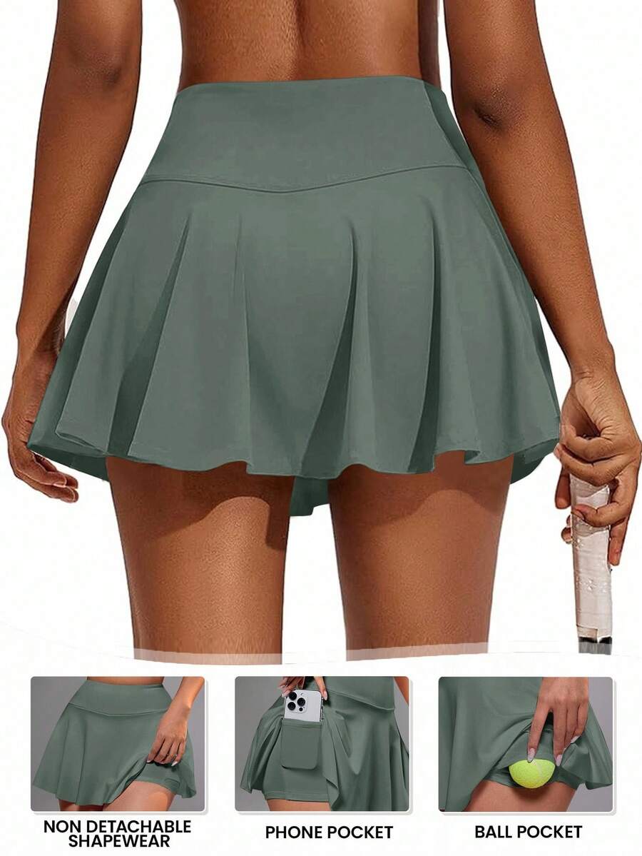 CourtClass 女式带口袋半身裙，适合羽毛球、网球、瑜伽、健身、跑步、马拉松运动 - 軍綠色 - 查看 1