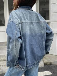 Livesso 女式宽松休闲破洞牛仔夹克和外套，秋冬 - 藍色 - 查看 2