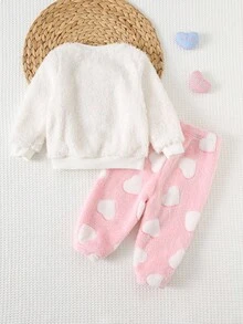 Cozy Pixies 女婴心形图案羊毛加厚圆领长袖套头衫和松紧腰踝长裤两件套服装 - 粉色 - 查看 2