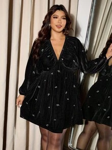 Elaquor Plus Size Women Floral Embroidery Deep V Lantern Sleeve Sexy Fashion Dress Plus Size Dresses Black Plus Size Babydoll Dress Blazer Dress Plus Size/Party Dress, New Year, Prom Dress, Wedding Spring - Black - View 4