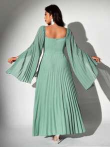 Viva Relle Vestido feminino plus size elegante romântico plissado de chiffon manga comprida - Menta verde - Ver 3