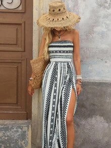 Brillora Women's Geometric Print Wide Leg Romper For Vacation - Black and White - View 2