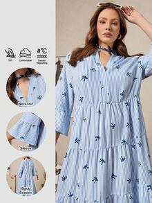 Zelara 大码秋冬女式航海休闲长袖外出超长连衣裙蓝白条纹冬季女式超长连衣裙万圣节服装女式蝴蝶结泡泡褶面料海军蓝服装超长连衣裙 - 藍白色 - 查看 9