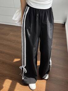 DAZY 條紋側邊束繩腰寬腿褲 - 黑色 - 查看 5