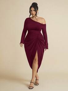 SHEIN BAE Plus Size Women Ruched Mesh Long Sleeve Semi-Sheer Dress - Burgundy - View 6