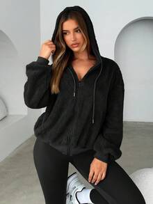 Siren Gaze Áo nỉ trùm đầu màu trơn cho nữ, Áo nỉ chui đầu dày ấm áp, Dành cho nữ, Thu/Đông, Áo dài tay - màu đen - Xem 6