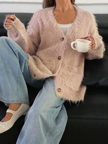 DAZY Cárdigan de punto grueso de manga larga con cuello en V y bolsillos, de unicolor y holgado, estilo casual de calle para otoño/invierno - Rosa - Ver 6