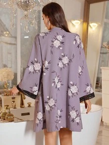 LuxeNights 2 件套优雅蕾丝拼布印花吊带睡袍和睡袍套装，秋季服装 - 彩色 - 查看 8
