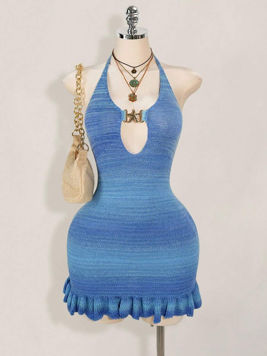 Sweetina Váy len dệt kim không tay dành cho nữ, màu xanh tươi mát cho mùa thu/đông - Màu xanh lam - Xem 1