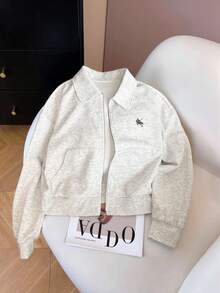 SHEIN 女士骑士刺绣休闲复古时尚拉链连帽夹克，适合秋冬季、通勤、户外、运动，适合兄弟姐妹、母亲节的礼物 - 灰色 - 查看 3