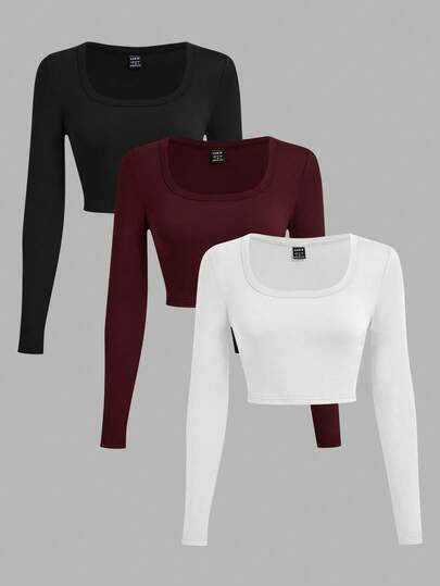 SHEIN EZwear Conjunto de 3 camisetas curtas justas, pretas, brancas e vinho tinto, casuais, com gola em U, manga comprida, adequadas para outono/inverno