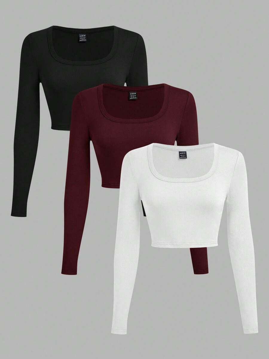 SHEIN EZwear 3pcs/Set Black, White, Wine Red Casual U-Neck Tight Cropped Long Sleeve T-Shirts, Suitable For Autumn/Winter - Multicolor - View 1