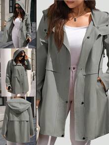EMERY ROSE Plus Size Women's Solid Color Long Sleeve Pocket Drawstring Hooded Casual Trench Coat/ Winter - Dark Grey - View 1