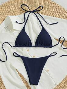 Oceva 2026 春夏女士度假专用面料细肩带露背海军蓝性感丁字裤比基尼两件套泳衣 - 藏蓝色 - 查看 4