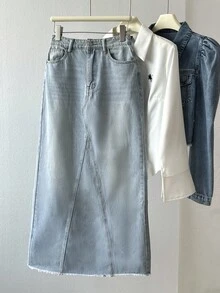 SHEIN LUNE Women's Frayed Hem Washed Denim Skirt - Baby Blue - View 4