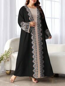 SHEIN Najma 大码女式菱形花卉数码印花优雅 V 领长袖宽松阿拉伯风格长裙，春秋季 - 彩色 - 查看 4
