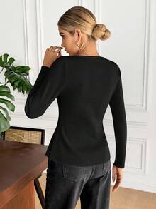 Serisse 女士休闲日常通勤简约纯色圆领长袖修身单排扣开衫，秋季