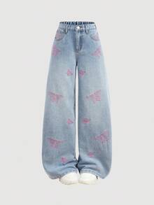 SHEIN Girlism بنطلون جينز واسع الساق مطرز بفراشة ذو خصر عالي وسحاب للفتيات في سن المراهقة، غسيل فاتح، مناسب للمدرسة والمنزل والسفر، ملابس شارع عصرية مريحة ومتعددة الاستخدامات، للفتيات من 8 إلى 12 سنة - أزرق فاتح - مشاهدة 4