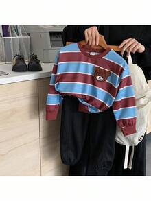 SHEIN 2pcs/Set Boys' Striped Sweatshirt Outfit, Cute Cartoon Design, Suitable For Outdoor Sports And Casual Wear, Autumn/Winter - Multicolor - View 7