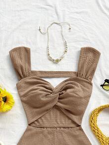 Soleia WYWH 女士度假针织条纹扭纹前低胸露背连体裤，适合派对、约会、情人节、复活节、狂欢节、下午茶、海滩、游轮、城市度假、秋冬分层穿着 - 卡其色 - 查看 4