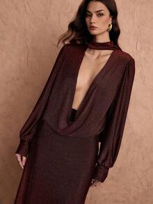 Islaluna 女式秋季常规肩长袖连衣裙，喇叭袖，开衩下摆，闪亮面料，休闲时尚风格 - 棕色 - 查看 5