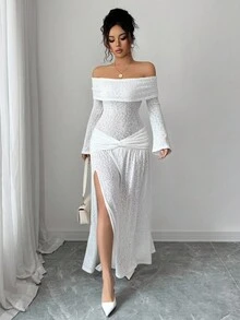 Gloray Vestido de vacaciones minimalista francés con hombros descubiertos y tela texturizada - Blanco - Ver 6