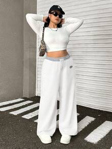 Muchica Plus Size Women's Letter Graphic Drawstring Waist Pockets Loose Sweatpants, White - White - View 3