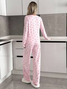 EURMUSE Women Soft Suede Touch Round Neck Heart Pattern Long Sleeve Shirt&Sleep Pants Homewear Pajama Set - Pink - View 2