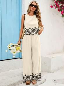 Vivid Eden 女士优雅棉质刺绣吊带背心和裤子两件套 - 白色 - 查看 6