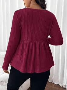 SHEIN Frenchy 大码秋季纯色鸡心领竹节布长袖 T 恤 - 酒紅色 - 查看 3