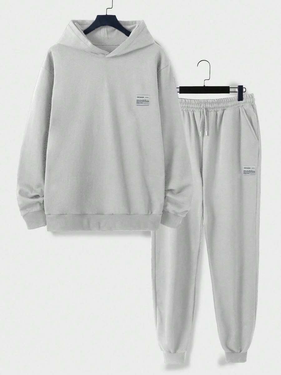 SHEIN Cottnline Cotton Men Letter Patched Hoodie & Drawstring Waist Sweatpants - Grey - View 1