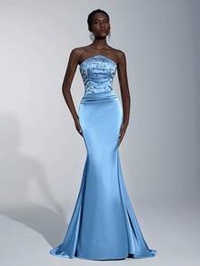 Elitara Elegant Handmade Rhinestone Embellished Strapless Mermaid Tail Dress,Ruched Waist Formal Evening Gown Suitable For Weddings,Galas&Formal Events - Blue - View 3