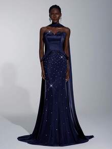 Elitara 优雅奢华重工水钻手工金属花朵贝壳领美人鱼尾正式女士晚礼服 - 藏蓝色 - 查看 6