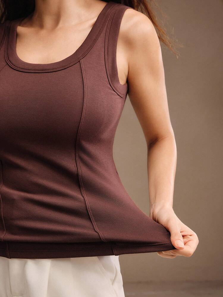 Regata Elegante Ajustada Marrom com Copo Fixo para Mulheres, Versátil para Outono/Inverno, Natal, Ano Novo, Festa, Elegante, Chique