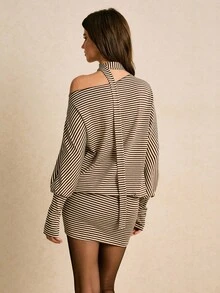 Poéselle Robe élégante rayée noir et blanc pour femmes avec foulard, col asymétrique, épaule asymétrique, manches longues, mini-robe hanches, tenue de soirée d'automne, 2 pièces - Tabac - Voir 4