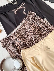 3pcs Teen Girl Casual Chic Street Style Leopard Print Foldover Off Shoulder Long Sleeve T-Shirt Fall Winter - Multicolor - View 3
