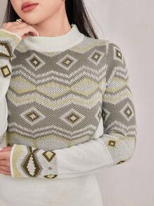 Veilorie 女士几何提花加长针织连衣裙，秋冬 - 白色 - 查看 7