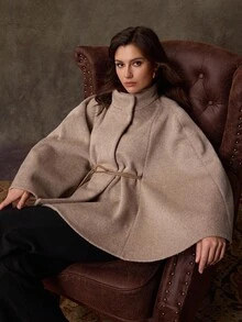 Lilora Women's Elegant Stand Collar Poncho Style Overcoat Autumn Winter - Brown - View 7