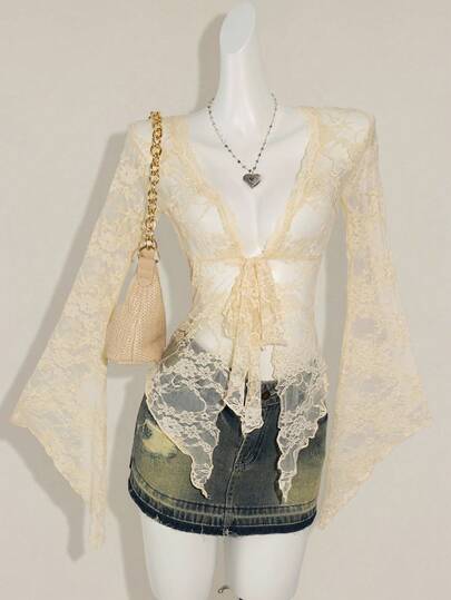 SHEIN ICON Y2k Women's Western Country Concert Boho Hippie Goth Sheer Beige Sexy Lace Twist Front Long Sleeve Cardigan