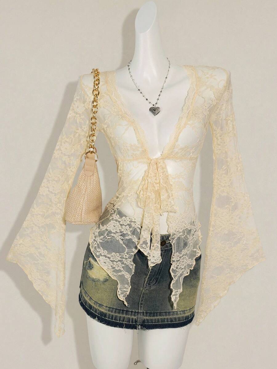 SHEIN ICON Y2k Women's Western Country Concert Boho Hippie Goth Sheer Beige Sexy Lace Twist Front Long Sleeve Cardigan - Apricot - View 1