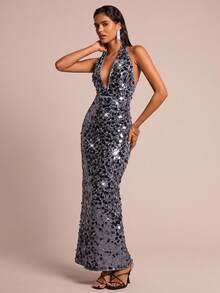 Glamine 女士性感优雅时尚V领露背派对连衣裙 - 黑色 - 查看 4