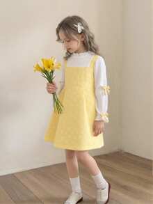 SHEIN Elladie kids 年轻女孩'花卉纹理田园风泡泡袖蝴蝶结装饰黄色连衣裙，秋季 - 黃色 - 查看 3
