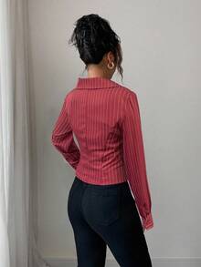 Rafferiza Áo len cardigan dài tay hở gấu sọc dọc kiểu Pháp dành cho nữ - Đỏ - Xem 2