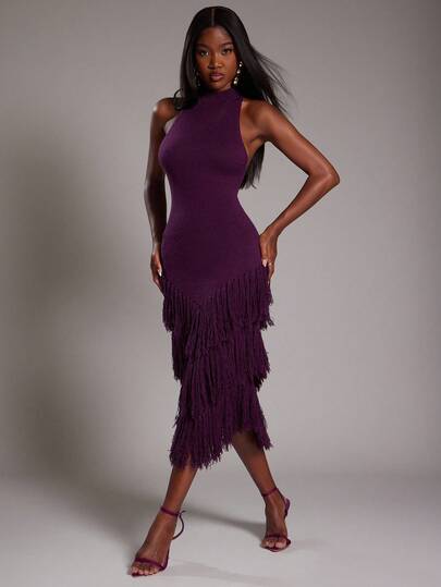 NYA SZN Dress Sleevless Turtle Neck Fringe Detail Fitted Bodycon Rib Knit Knitwear Stretch Special Occasion Vacation Wedding Going Out Airport Cute Old Money Fall Winter Suitable For Commuting Statement Festival Carnival Outfits For Women