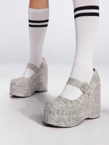 Sugerpunk Women's Round Toe Platform Thick Sole Fashion Simple Black & White Buckle Strap Casual Shoes